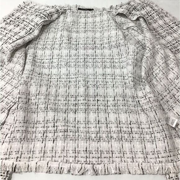 Doe & Rae White Tweed Wrap Coat Blazer Self Tie Belt Fringe New Size Large - Picture 6 of 7